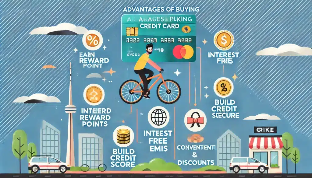 DALL·E 2024 09 13 12.44.57 A visually appealing infographic style image titled Advantages of Buying a Bike Using a Credit Card. The image includes key benefits such as Earn R