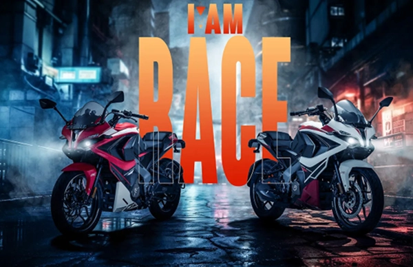 Two sleek BAJAJ PULSAR RS200 motorcycles on a wet city street at night, with the text "I AM RACE" in bold orange letters illuminating the scene.